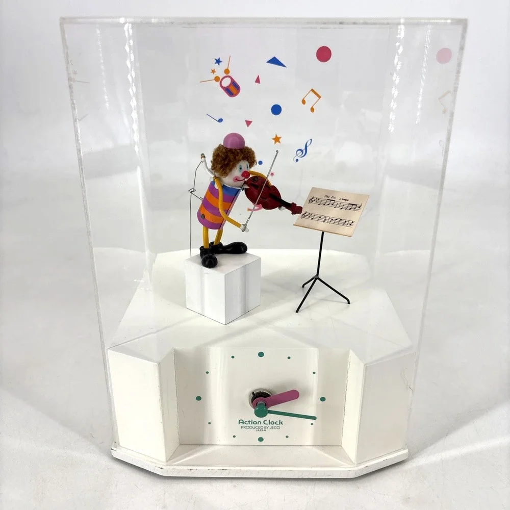 Vintage Jeco Clown Playing Violin Clock Japan Working Acrylic Case 60s 70s READ!